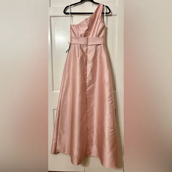Alfred Sung Draped One-Shoulder Satin Maxi Dress Pockets Toasted Sugar 4 AS‎ IS - Picture 4 of 16